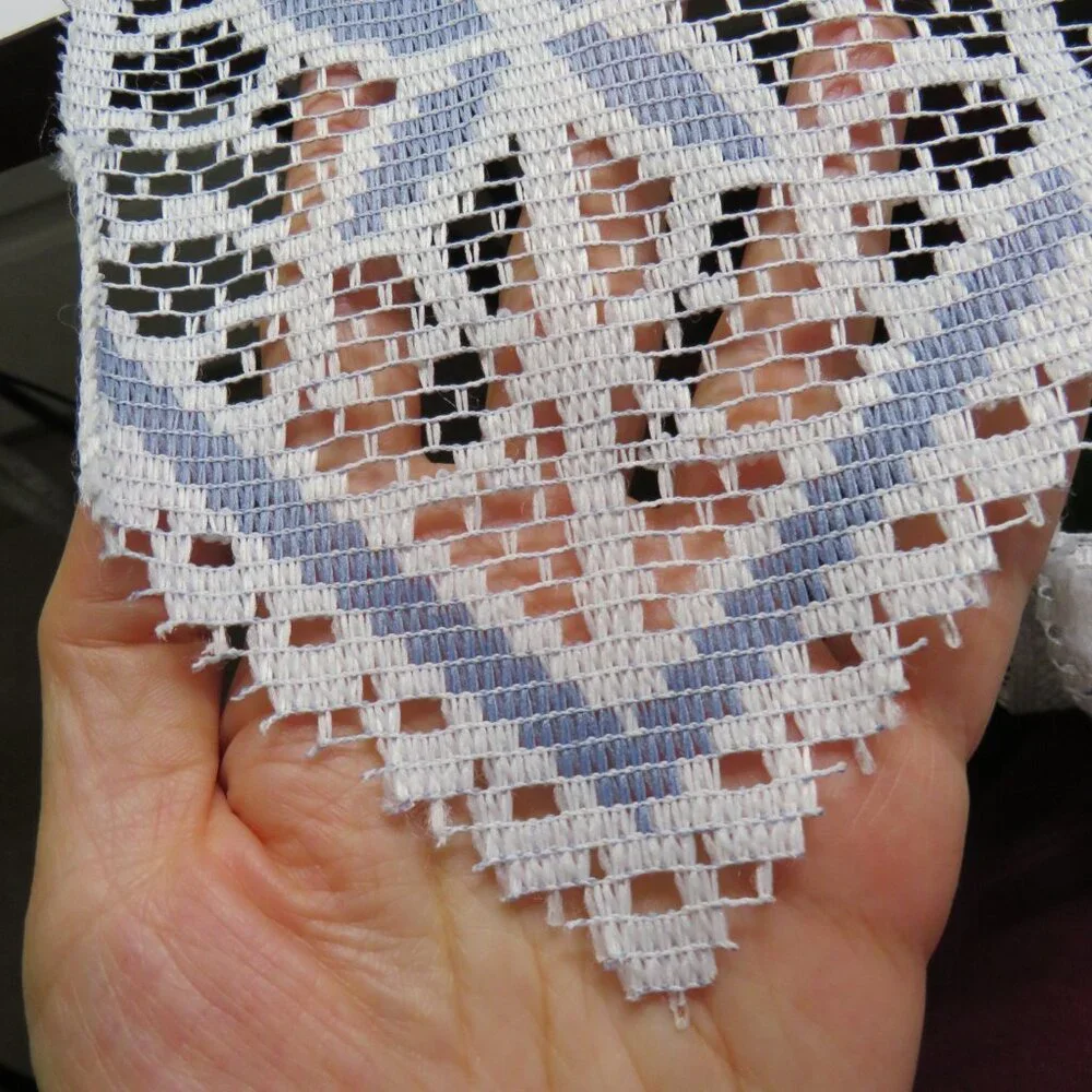 vintage white lace swag valance with a blue pattern & triangle edge
